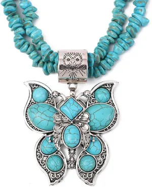 OIDIMS Turquoise Butterfly Layered Necklace for Women Irregular Stone Turquoise Necklace Pendant Choker Antique Native Western Jewelry Bohemian Birthday Summer Holiday Jewelry Gift for Her