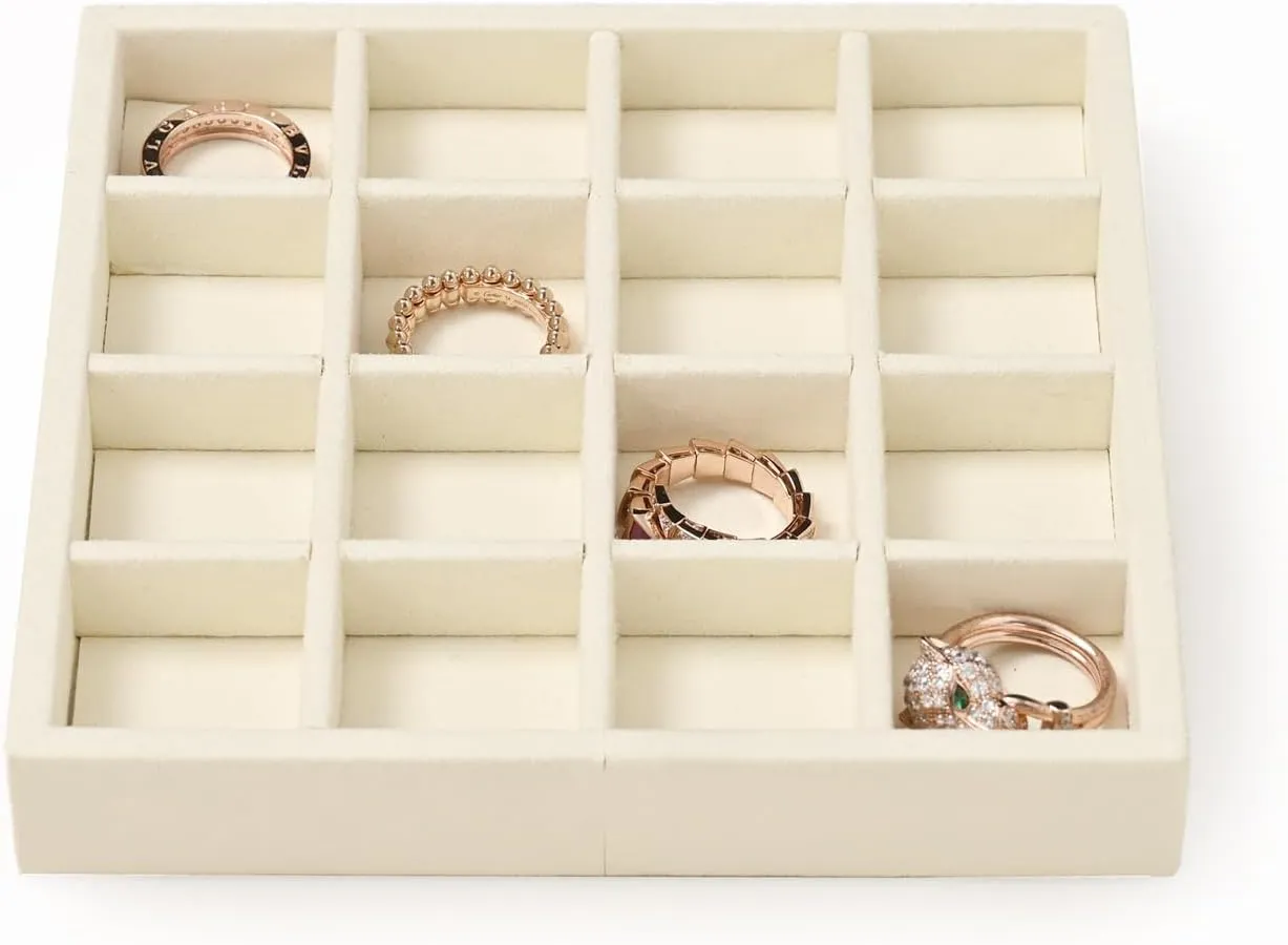 Oirlv Microfiber Stackable 16 Girds Jewelry Trays Jewelry Storage Tray Showcase Display Organizer(Beige)