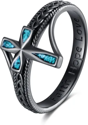 ONEFINITY Cross Ring 925 Sterling Silver Turquoise Celtic Cross Rings Faith Ring Religious Christian Jewelry Gifts for Men Women