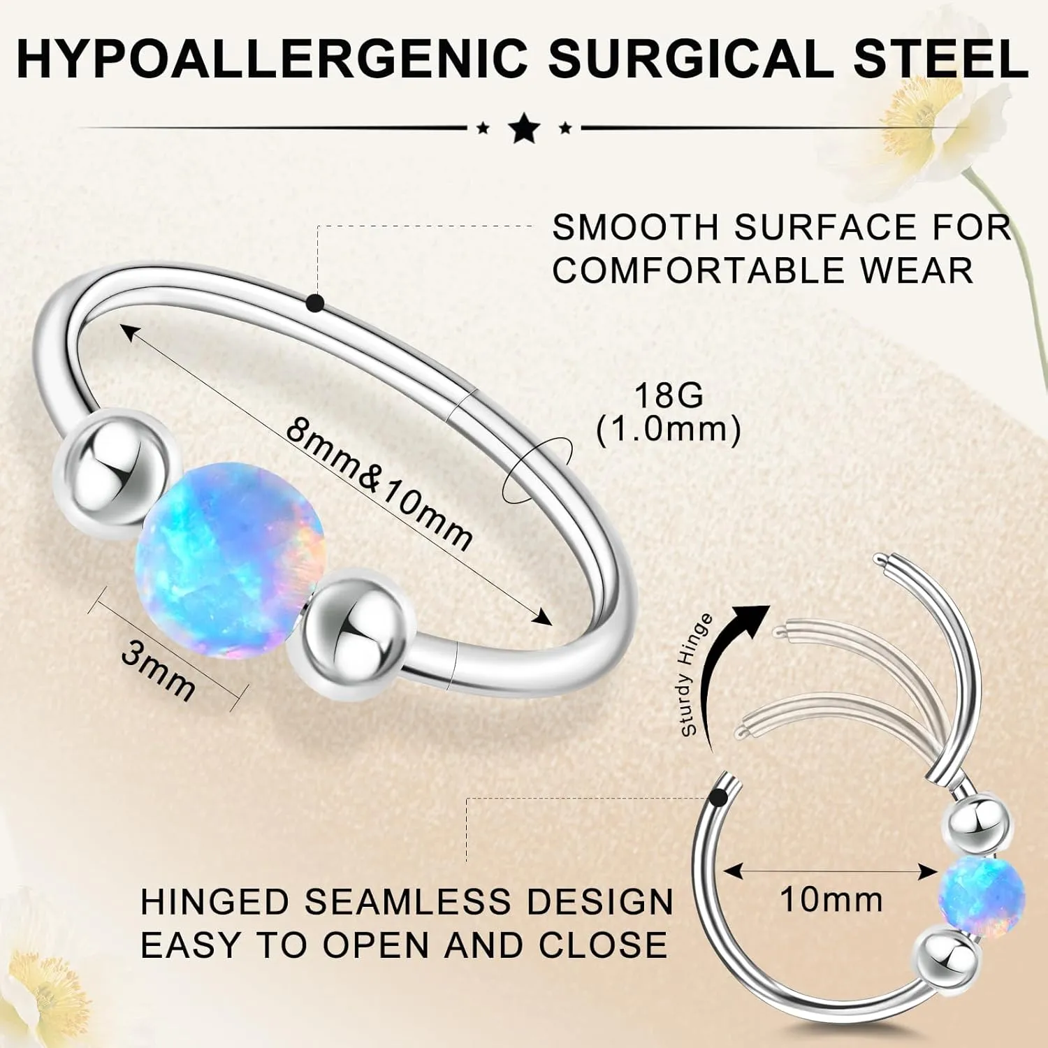 ONESING 2Pcs 18G Nose Rings Hoops Opal Nose Ring 316L Surgical Steel Nose Hoop Silver Nose Piercings Jewelry Hypoallergenic Nose Rings for Women Septum Ring 8mm/10mm