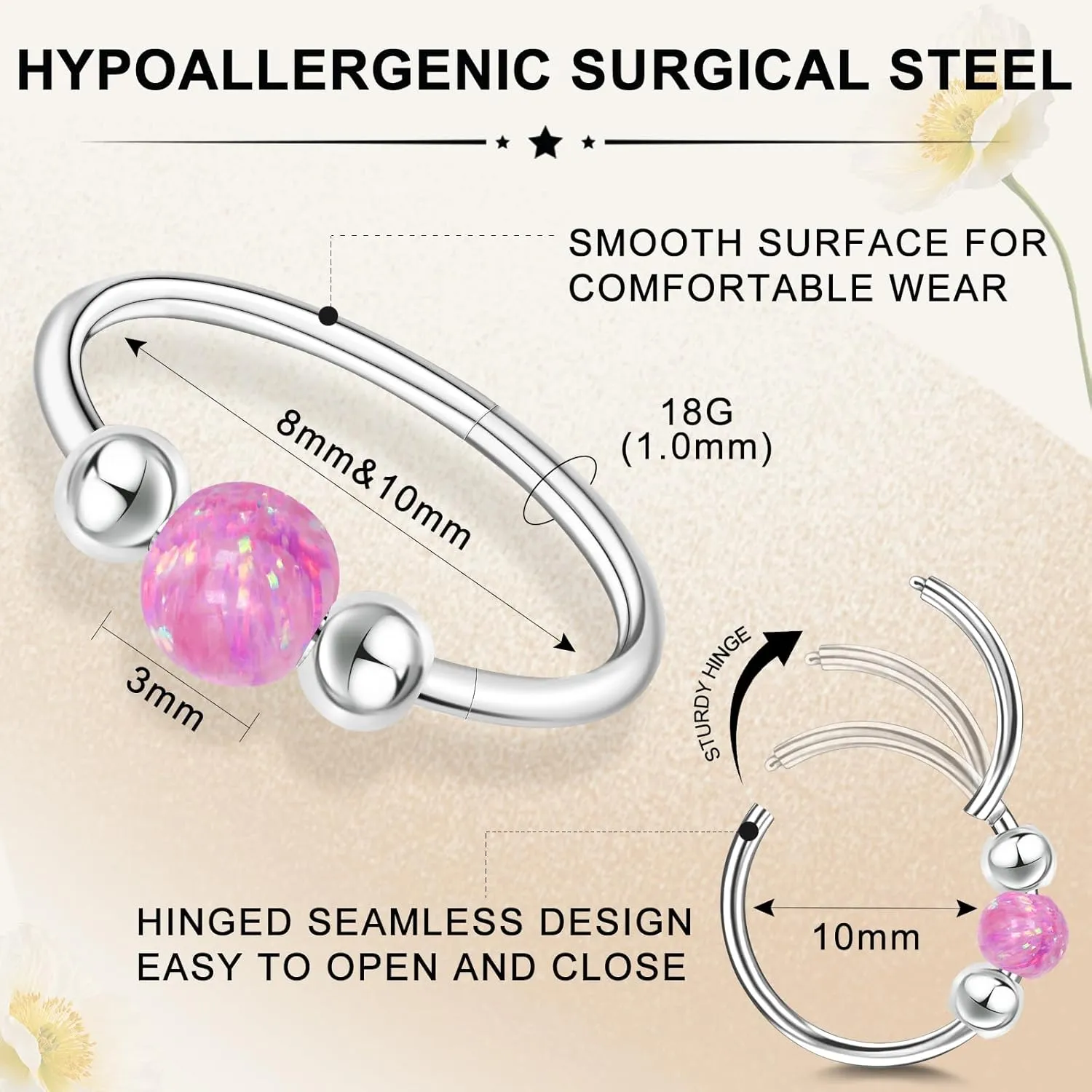 ONESING 2Pcs 18G Nose Rings Hoops Opal Nose Ring 316L Surgical Steel Nose Hoop Silver Nose Piercings Jewelry Hypoallergenic Nose Rings for Women Septum Ring 8mm/10mm