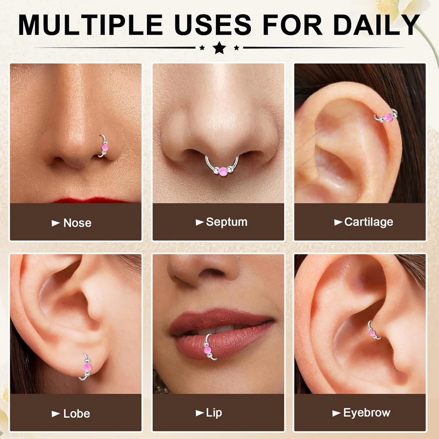 ONESING 2Pcs 18G Nose Rings Hoops Opal Nose Ring 316L Surgical Steel Nose Hoop Silver Nose Piercings Jewelry Hypoallergenic Nose Rings for Women Septum Ring 8mm/10mm