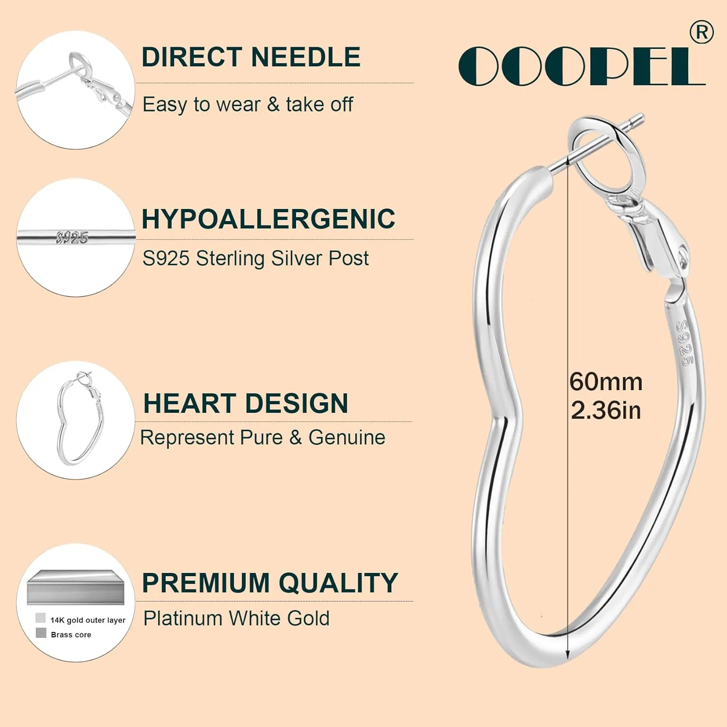 OOOPEL 2mm Thin 3D Laser-Cut Silver Heart Hoop Earrings for Women Gold Plating S925 Silver Post Heart Hoops Minimalist Gold Heart Shaped Hoops for Work/Travel/Gift