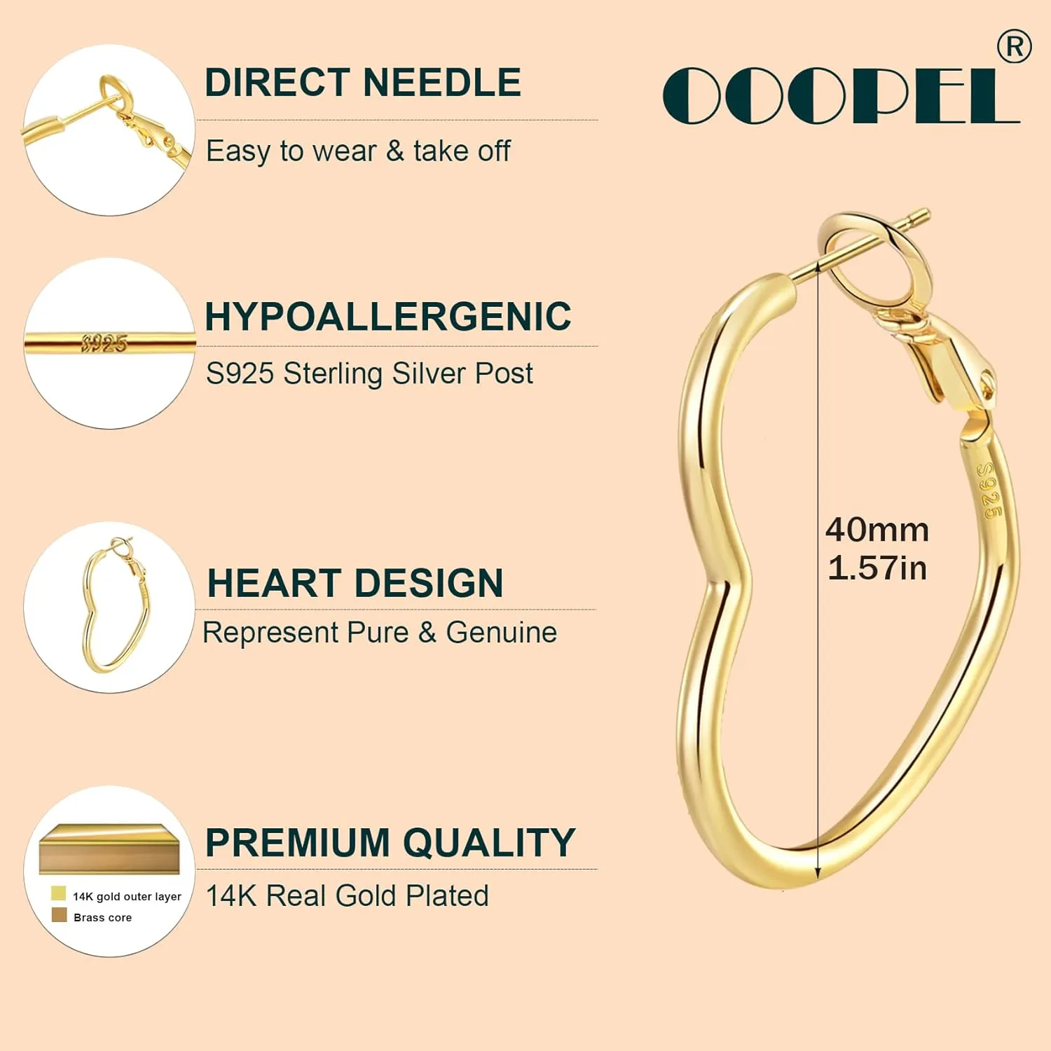 OOOPEL 2mm Thin 3D Laser-Cut Silver Heart Hoop Earrings for Women Gold Plating S925 Silver Post Heart Hoops Minimalist Gold Heart Shaped Hoops for Work/Travel/Gift