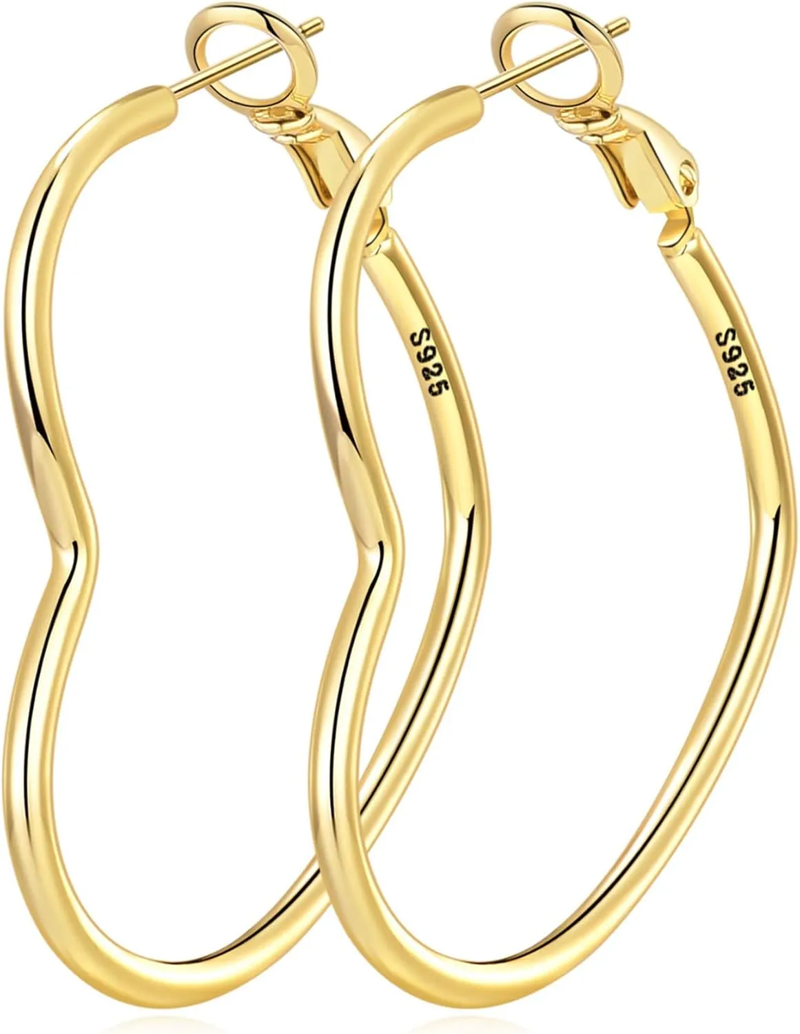 OOOPEL 2mm Thin 3D Laser-Cut Silver Heart Hoop Earrings for Women Gold Plating S925 Silver Post Heart Hoops Minimalist Gold Heart Shaped Hoops for Work/Travel/Gift