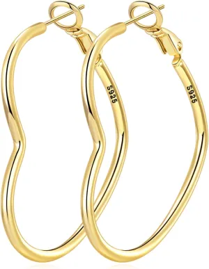 OOOPEL 2mm Thin 3D Laser-Cut Silver Heart Hoop Earrings for Women Gold Plating S925 Silver Post Heart Hoops Minimalist Gold Heart Shaped Hoops for Work/Travel/Gift