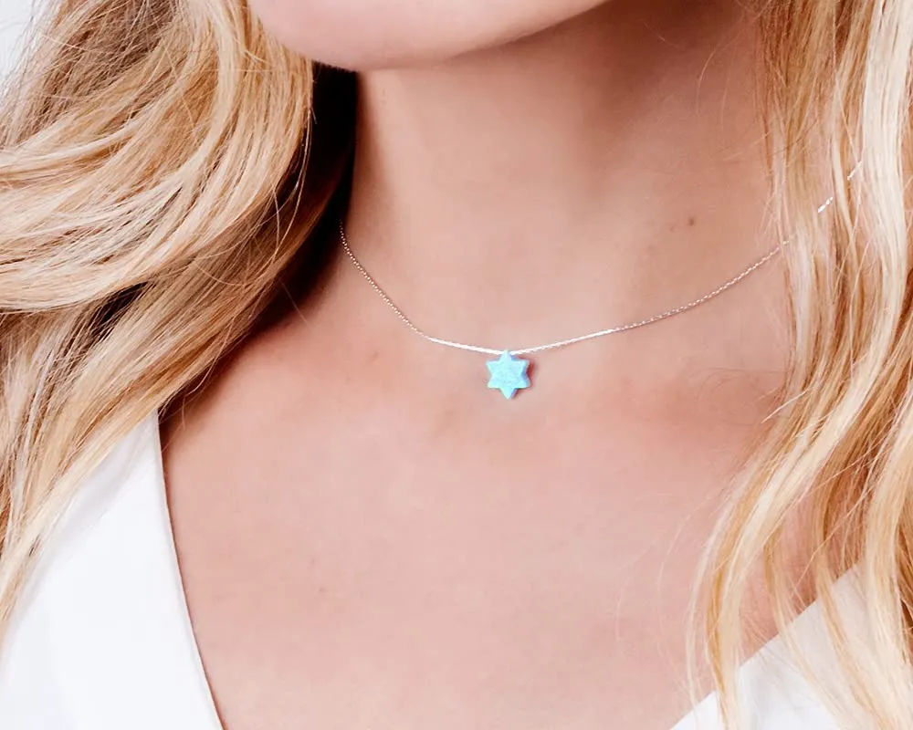 Opal David Star Sterling Silver Choker Necklace - Minimal Blue Magen David Collar Length 13.5"   3" Extending Chain
