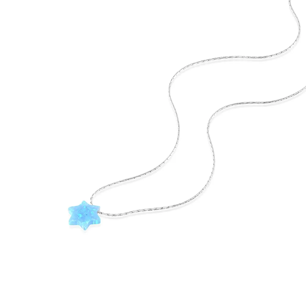 Opal David Star Sterling Silver Choker Necklace - Minimal Blue Magen David Collar Length 13.5"   3" Extending Chain