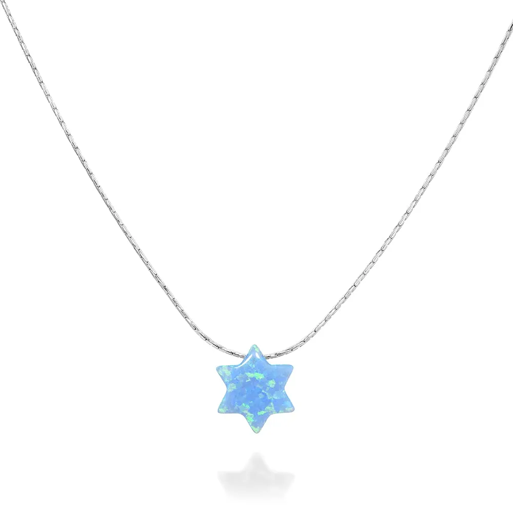 Opal David Star Sterling Silver Choker Necklace - Minimal Blue Magen David Collar Length 13.5"   3" Extending Chain