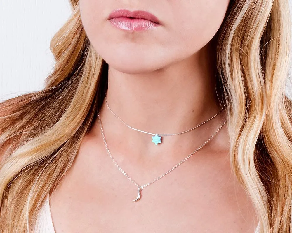 Opal David Star Sterling Silver Choker Necklace - Minimal Blue Magen David Collar Length 13.5"   3" Extending Chain