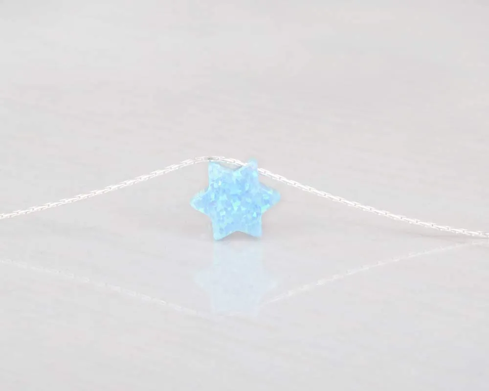 Opal David Star Sterling Silver Choker Necklace - Minimal Blue Magen David Collar Length 13.5"   3" Extending Chain