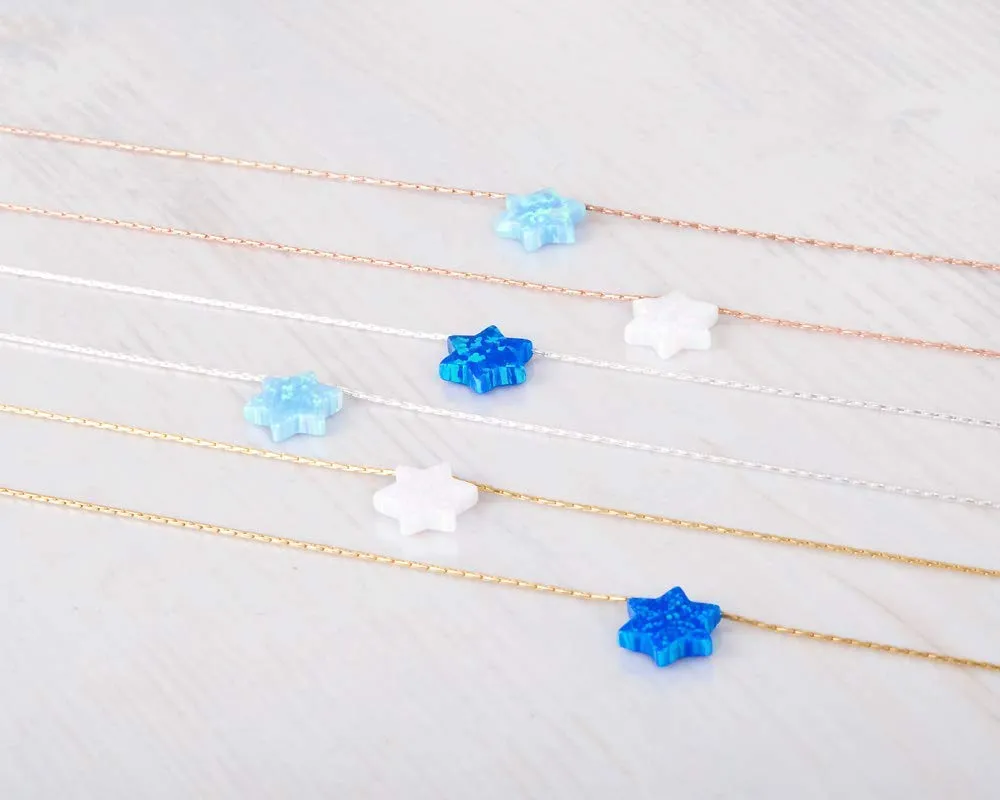 Opal David Star Sterling Silver Choker Necklace - Minimal Blue Magen David Collar Length 13.5"   3" Extending Chain