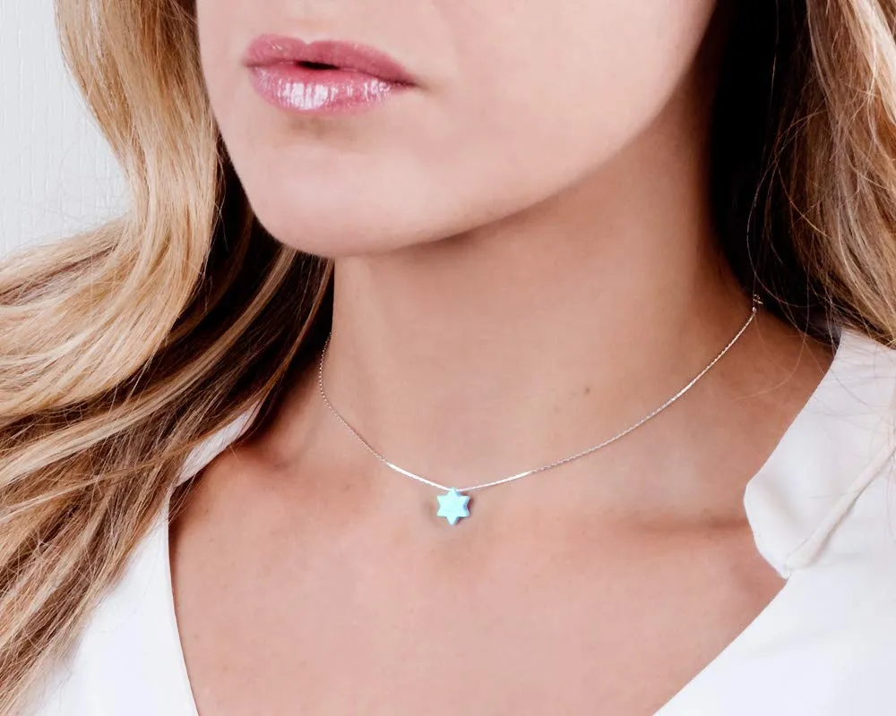 Opal David Star Sterling Silver Choker Necklace - Minimal Blue Magen David Collar Length 13.5"   3" Extending Chain