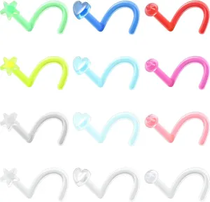 OUFER 12PCS Nose Studs, 18G Colorful Clear Bioflex Acrylic Nose Rings, Retainer Nose Nostril Piercing Jewelry, Plastic Heart Star Nose Rings For Women, Bone Shape Nose Scews