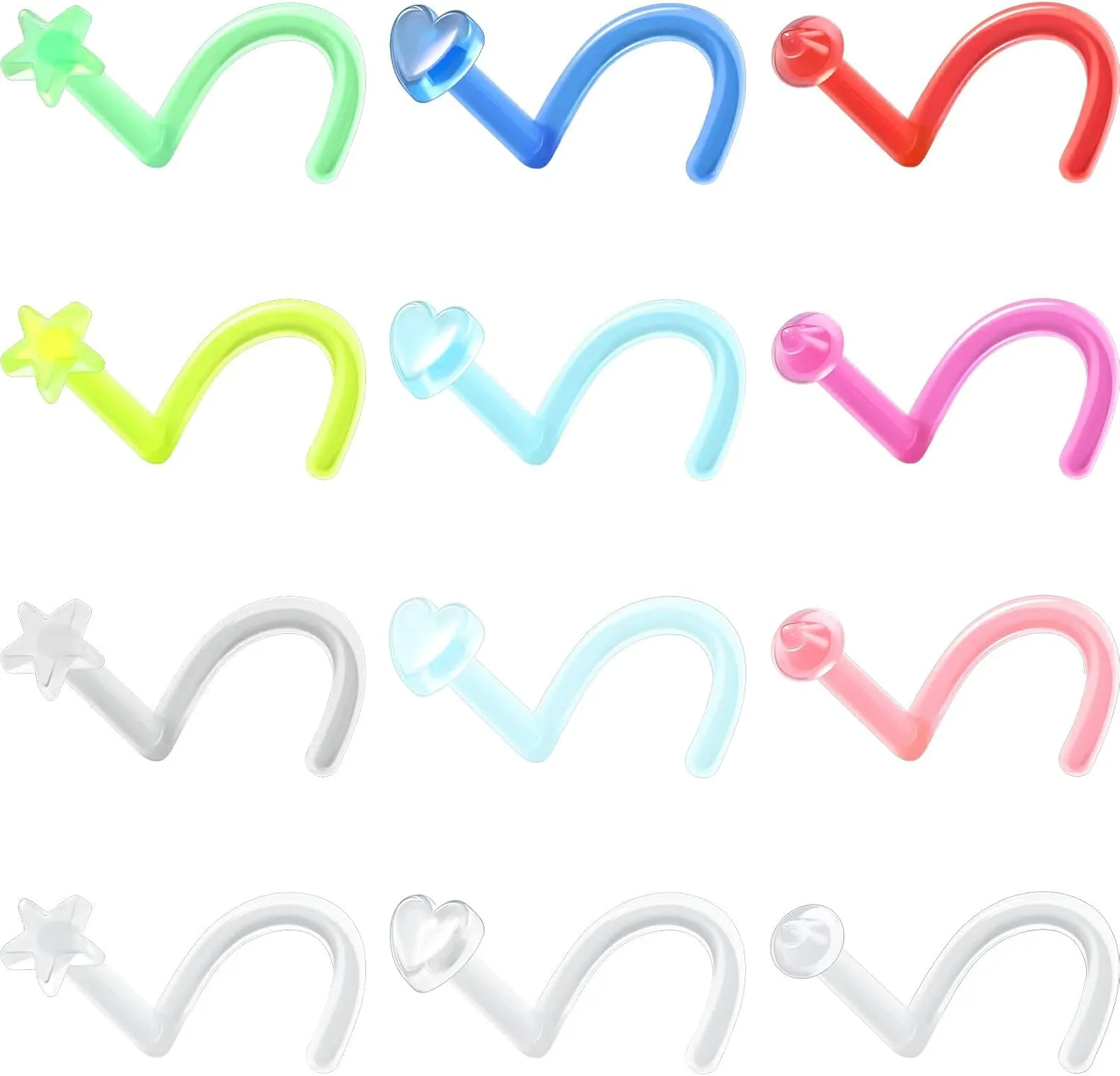 OUFER 12PCS Nose Studs, 18G Colorful Clear Bioflex Acrylic Nose Rings, Retainer Nose Nostril Piercing Jewelry, Plastic Heart Star Nose Rings For Women, Bone Shape Nose Scews
