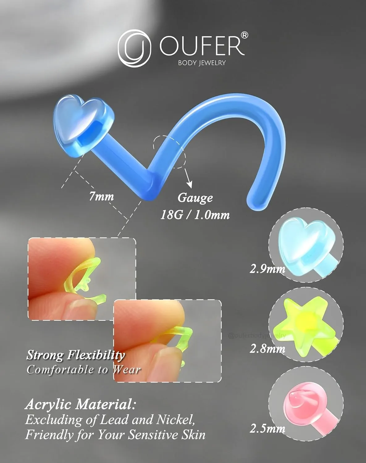 OUFER 12PCS Nose Studs, 18G Colorful Clear Bioflex Acrylic Nose Rings, Retainer Nose Nostril Piercing Jewelry, Plastic Heart Star Nose Rings For Women, Bone Shape Nose Scews