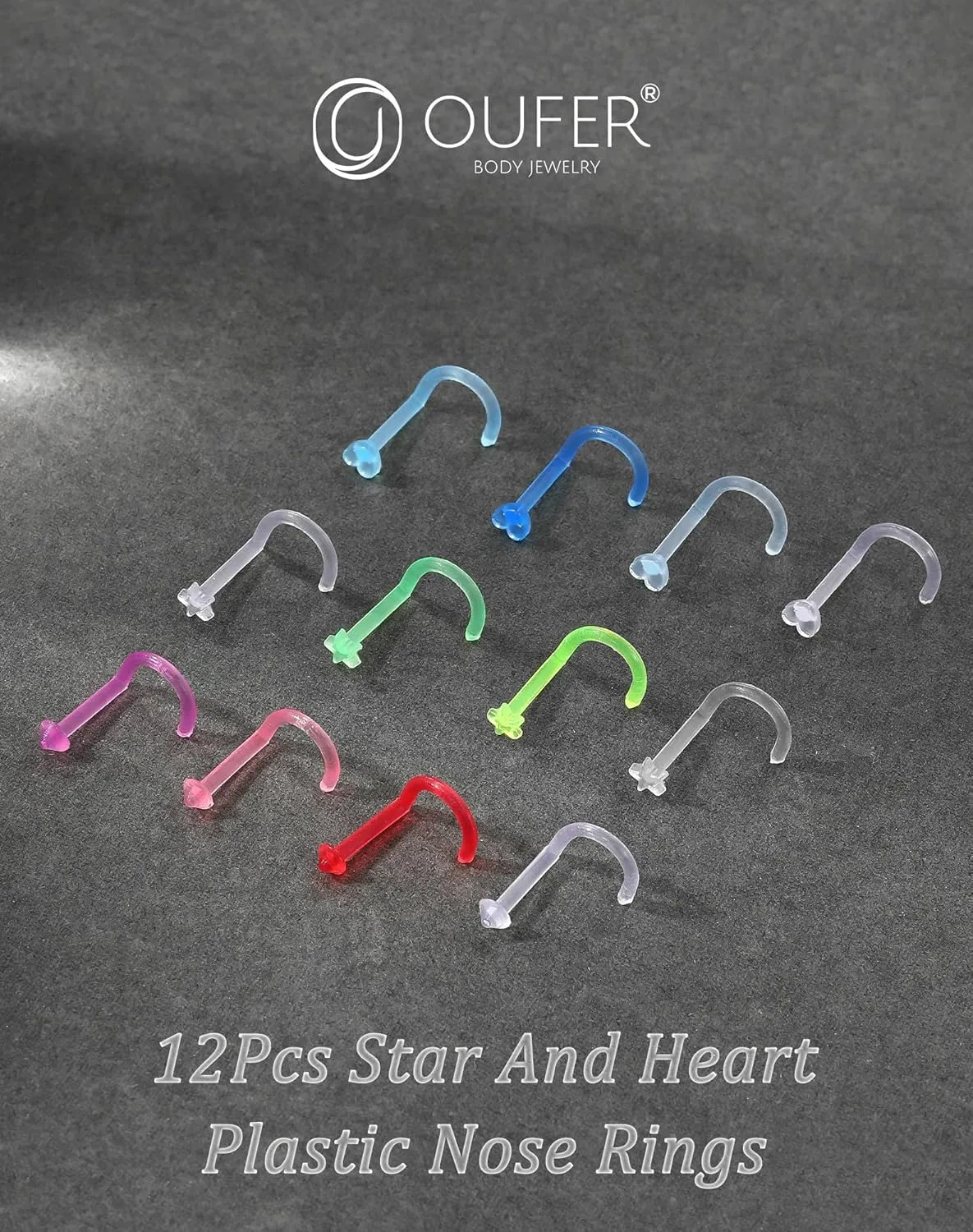 OUFER 12PCS Nose Studs, 18G Colorful Clear Bioflex Acrylic Nose Rings, Retainer Nose Nostril Piercing Jewelry, Plastic Heart Star Nose Rings For Women, Bone Shape Nose Scews