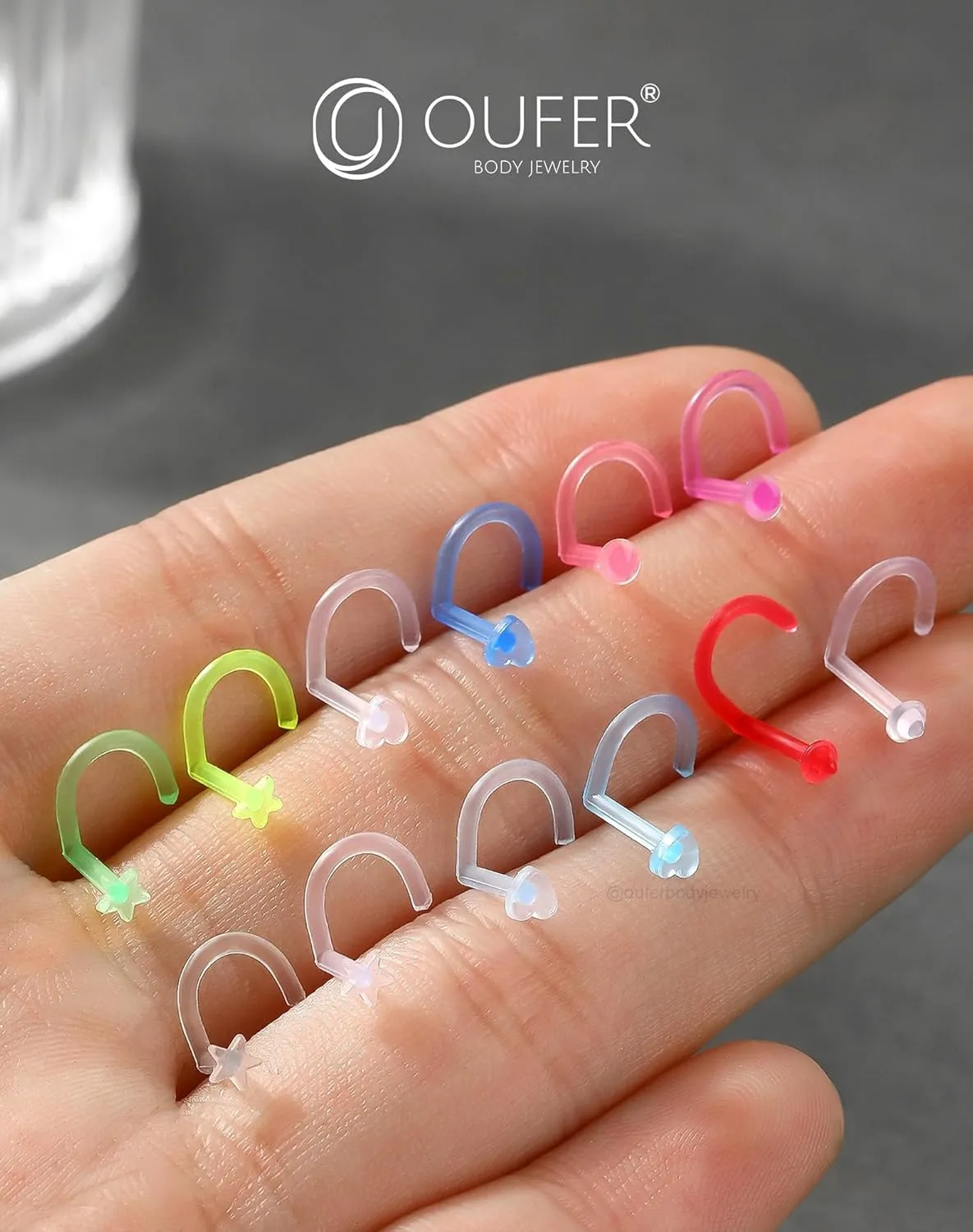 OUFER 12PCS Nose Studs, 18G Colorful Clear Bioflex Acrylic Nose Rings, Retainer Nose Nostril Piercing Jewelry, Plastic Heart Star Nose Rings For Women, Bone Shape Nose Scews