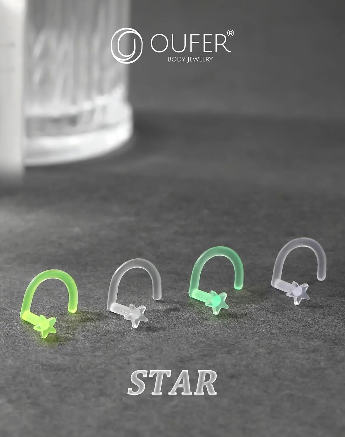 OUFER 12PCS Nose Studs, 18G Colorful Clear Bioflex Acrylic Nose Rings, Retainer Nose Nostril Piercing Jewelry, Plastic Heart Star Nose Rings For Women, Bone Shape Nose Scews