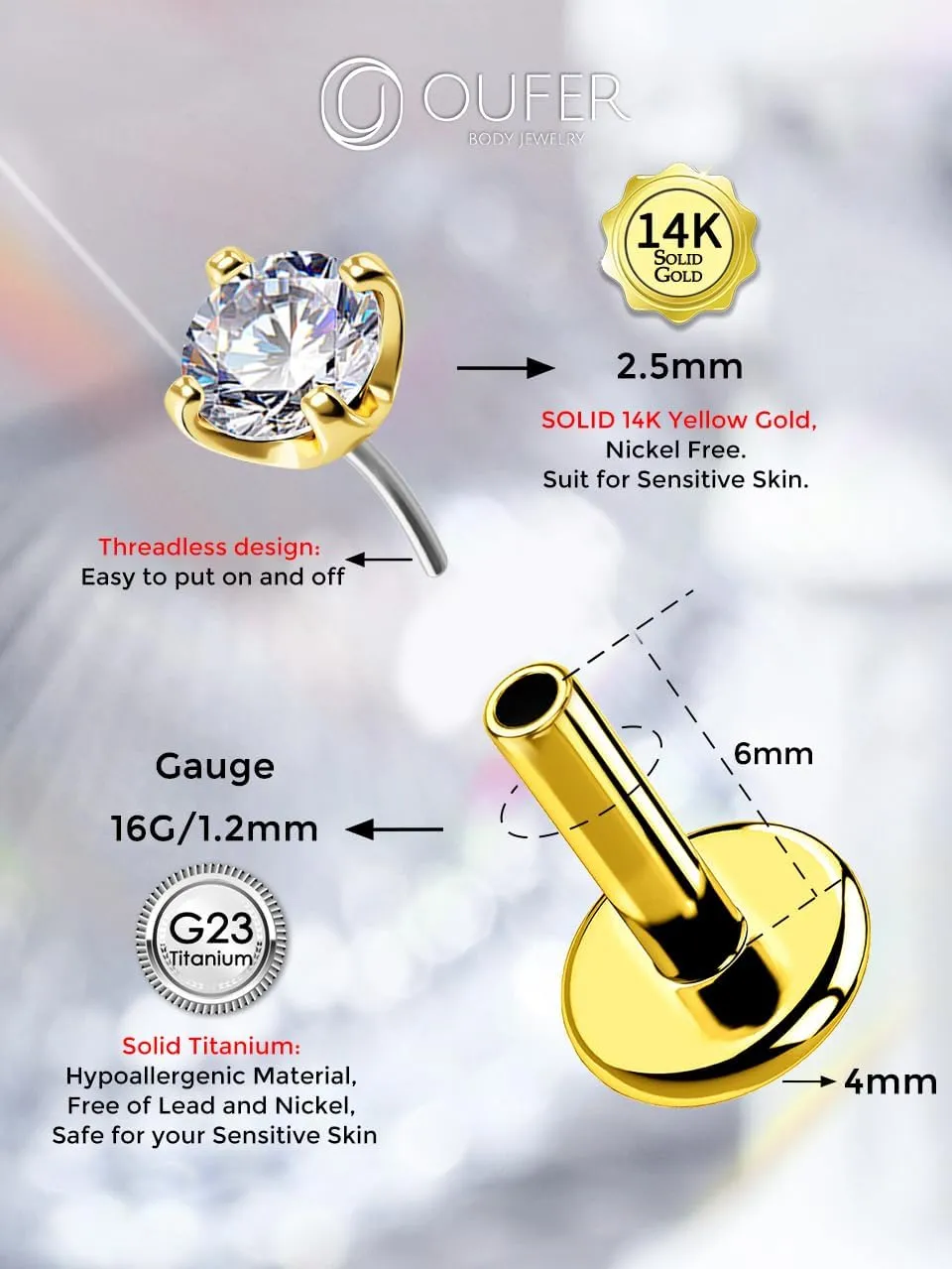 OUFER 16G Lip Ring, 14K Solid Gold Lip Ring Studs, Push-Pin Lip Piercing Jewelry, G23 Solid Titanium Bar Labret Jewelry, Cartilage Helix Tragus Piercing Jewelry For Women And Men