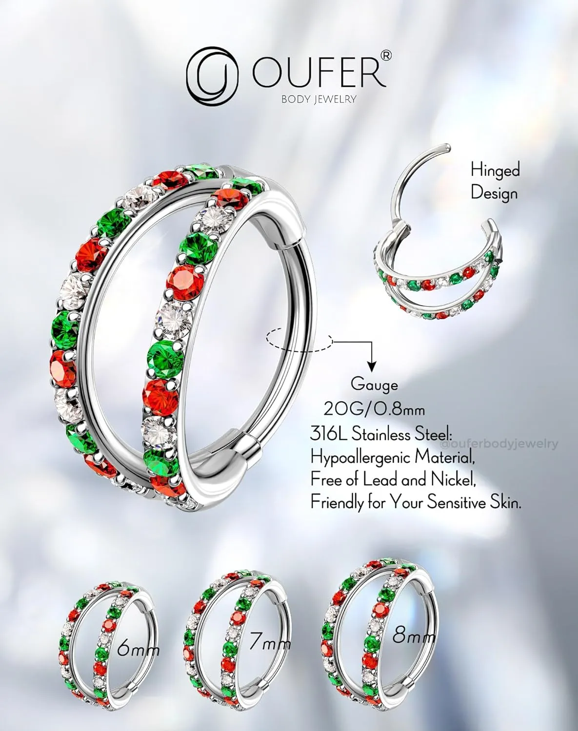 OUFER Double Hoop Nose Rings, 20G Nose Rings Hoop, 316L Surgical Steel Nose Piercing Jewelry, Colorful CZ Helix Daith Rook Tragus Conch Cartilage Earrings For Women Men-6mm/7mm/8mm