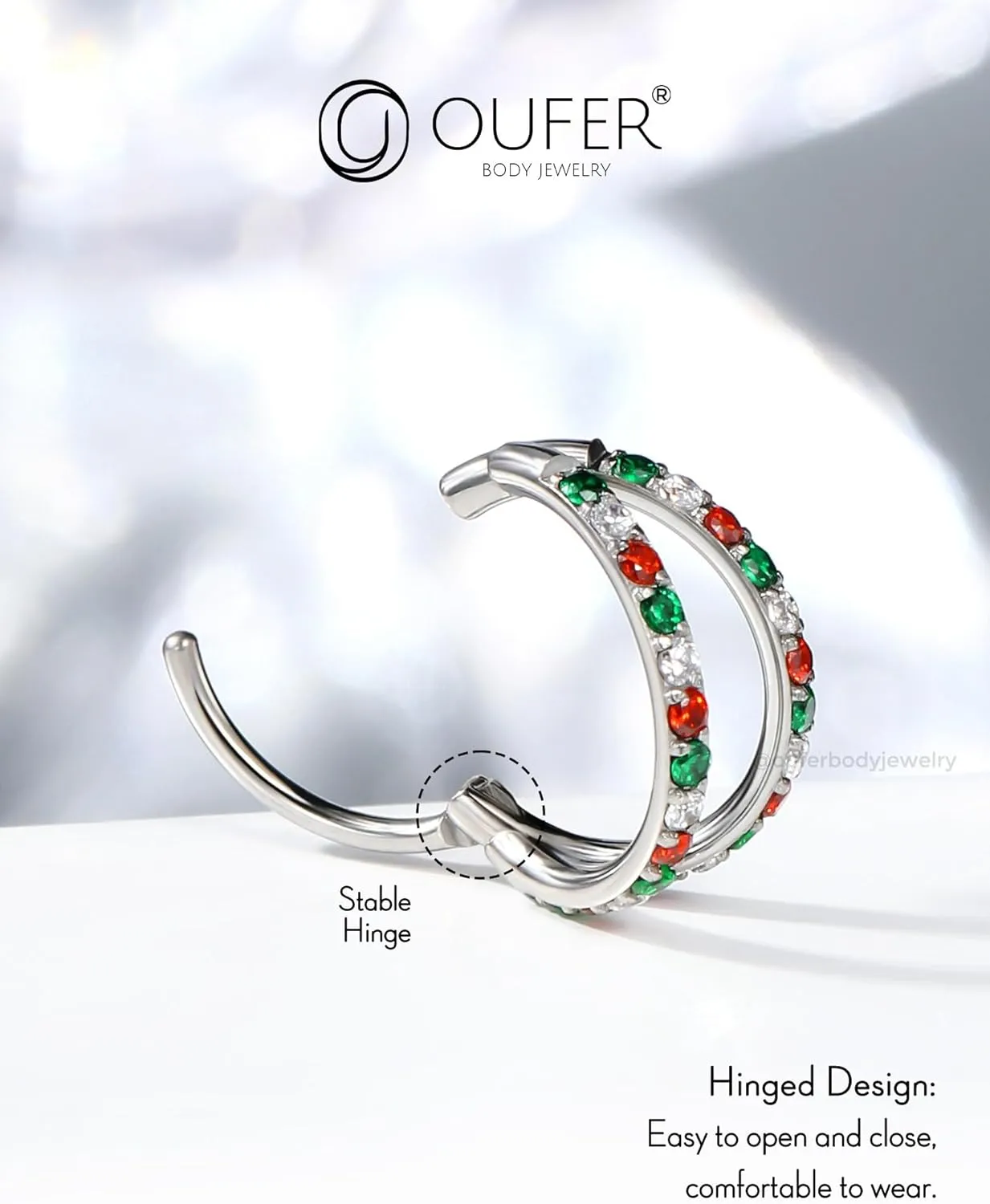 OUFER Double Hoop Nose Rings, 20G Nose Rings Hoop, 316L Surgical Steel Nose Piercing Jewelry, Colorful CZ Helix Daith Rook Tragus Conch Cartilage Earrings For Women Men-6mm/7mm/8mm