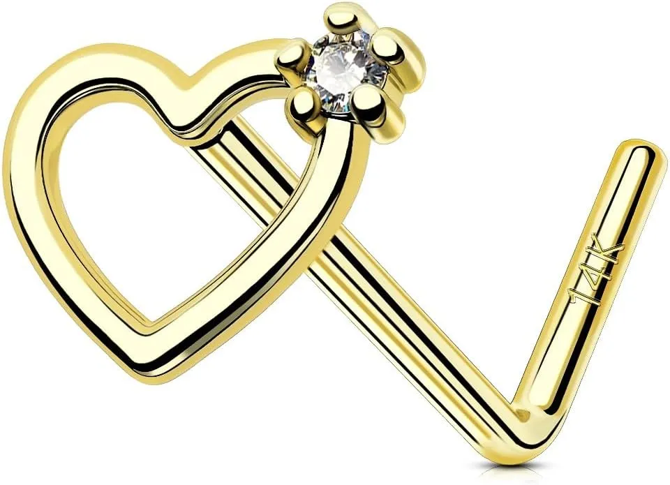 OUFER Gold Nose Rings, 14K Solid Gold Nose Studs, 20G Heart Nostril Nose Piercing Jewelry, L-Shaped Nose Rings Stud for Women
