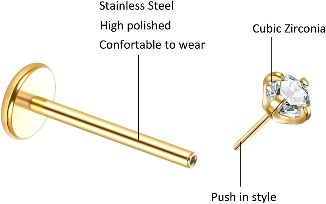 Oveta Threadless Nose Stud Stainless Steel 20G 18G 16G Threadless Flat Back Tragus Earrings Labret Medusa Monroe Ashely Lip Piercing Jewerly Gold