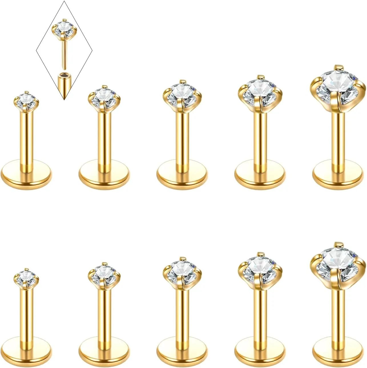 Oveta Threadless Nose Stud Stainless Steel 20G 18G 16G Threadless Flat Back Tragus Earrings Labret Medusa Monroe Ashely Lip Piercing Jewerly Gold