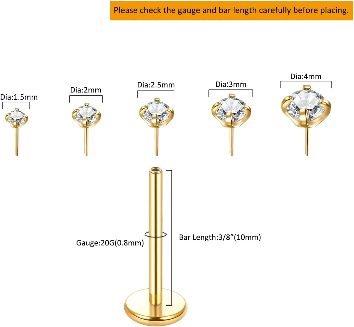 Oveta Threadless Nose Stud Stainless Steel 20G 18G 16G Threadless Flat Back Tragus Earrings Labret Medusa Monroe Ashely Lip Piercing Jewerly Gold