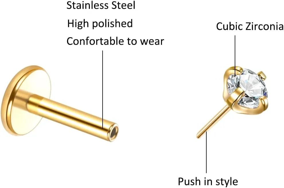 Oveta Threadless Nose Stud Stainless Steel 20G 18G 16G Threadless Flat Back Tragus Earrings Labret Medusa Monroe Ashely Lip Piercing Jewerly Gold