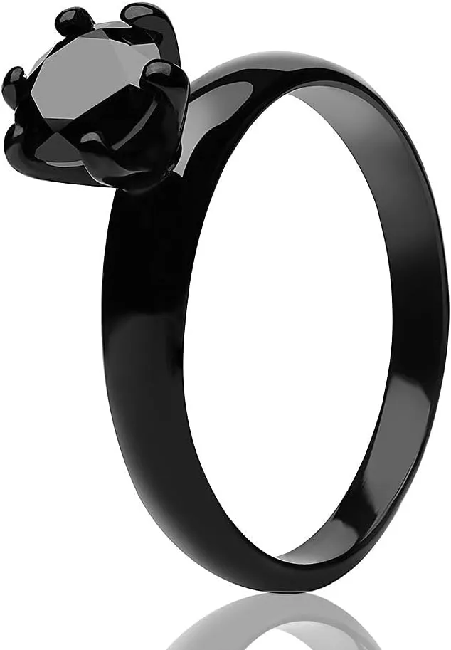 OVIEDO JEWELRY Black Solitaire Wedding Ring, Titanium Wedding Band, Anniversary, Engagement,Black CZ Ring, Woman's Ring, Unique Shiny Dome Style, Single Stone Gem