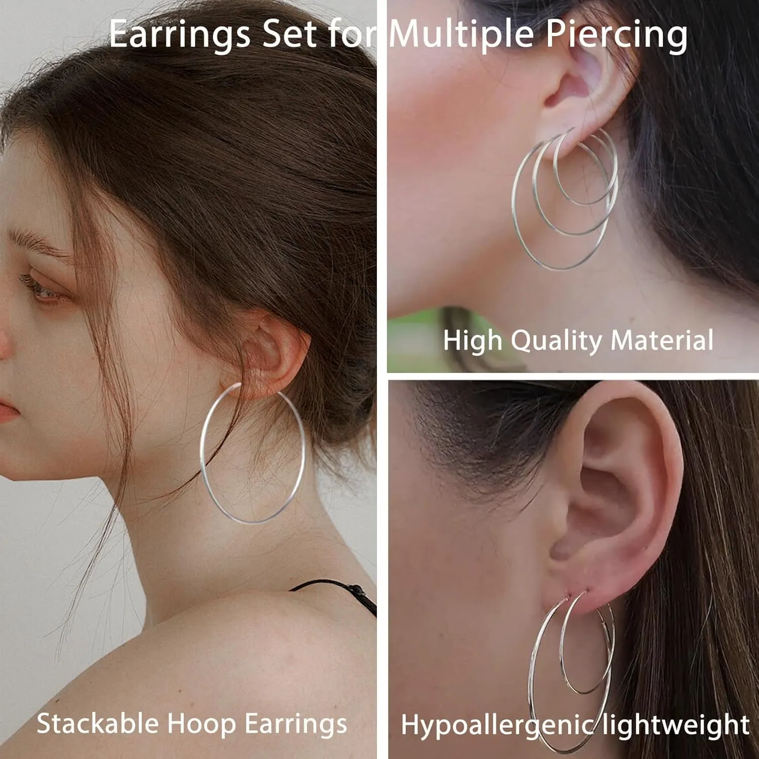 PABBEU Silver Hoop Earrings Large 316L Stainless Steel Earrings Lightweight Silver Earrings Hypoallergenic Big Thin Silver Earrings for Women s Boucle Doreille Femme 25/30/40/50/60/70mm