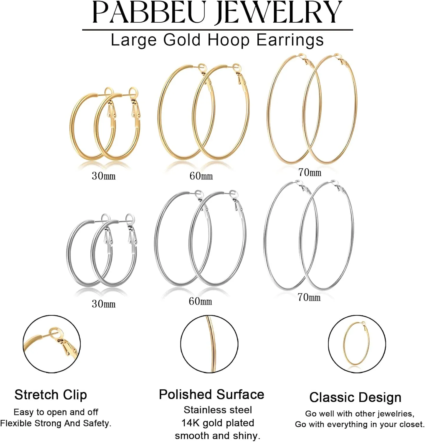 PABBEU Silver Hoop Earrings Large 316L Stainless Steel Earrings Lightweight Silver Earrings Hypoallergenic Big Thin Silver Earrings for Women s Boucle Doreille Femme 25/30/40/50/60/70mm