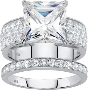 PalmBeach Platinum-plated Sterling Silver Princess Cut Cubic Zirconia Bridal Ring Set Sizes 6-10