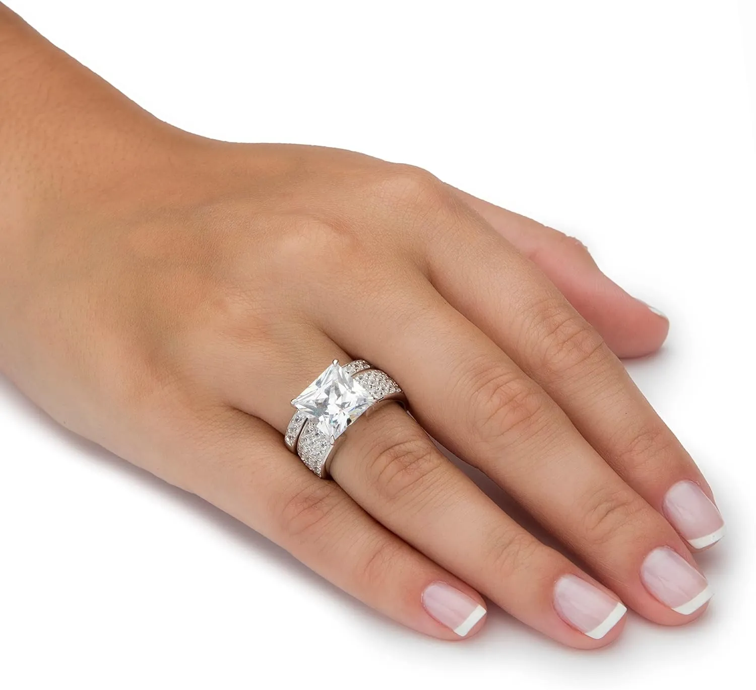 PalmBeach Platinum-plated Sterling Silver Princess Cut Cubic Zirconia Bridal Ring Set Sizes 6-10