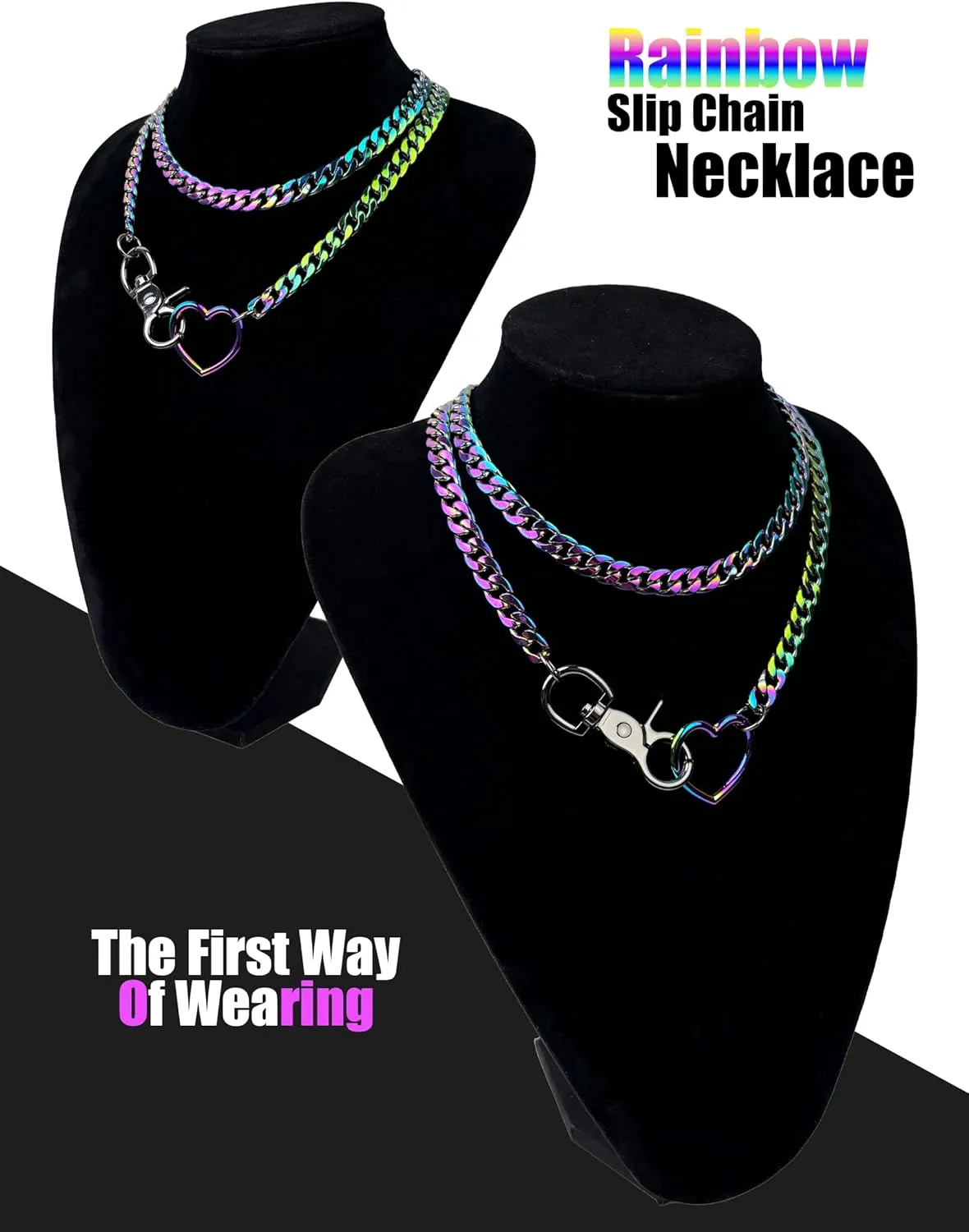 paloli Women's Slip Chain Rainbow Heart O-Ring Chunky Chain Necklace, Rays Cuban Long Layered Jewelry, Adjustable Lariat Y-Necklace Heart Loop Choker