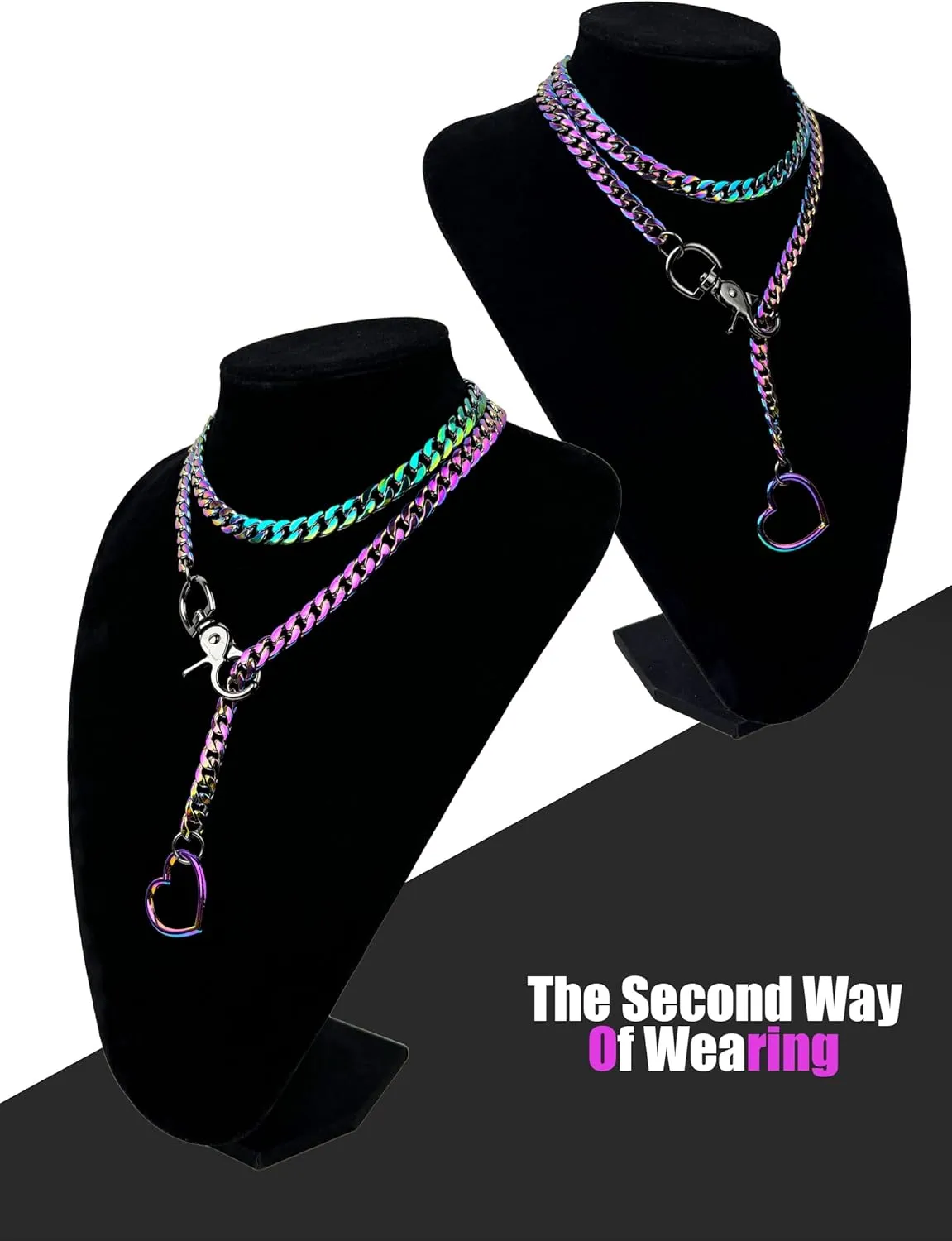 paloli Women's Slip Chain Rainbow Heart O-Ring Chunky Chain Necklace, Rays Cuban Long Layered Jewelry, Adjustable Lariat Y-Necklace Heart Loop Choker