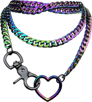 paloli Women's Slip Chain Rainbow Heart O-Ring Chunky Chain Necklace, Rays Cuban Long Layered Jewelry, Adjustable Lariat Y-Necklace Heart Loop Choker