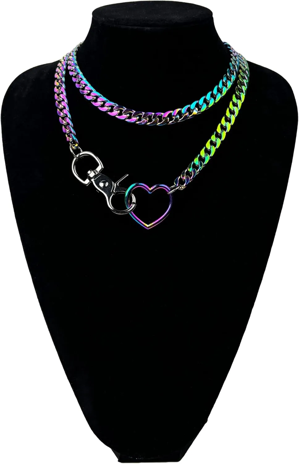 paloli Women's Slip Chain Rainbow Heart O-Ring Chunky Chain Necklace, Rays Cuban Long Layered Jewelry, Adjustable Lariat Y-Necklace Heart Loop Choker