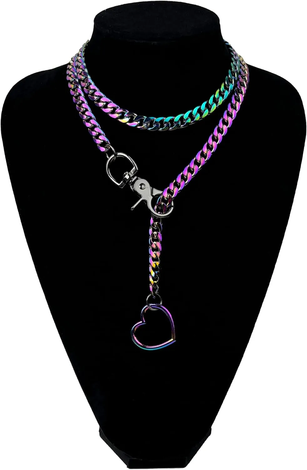 paloli Women's Slip Chain Rainbow Heart O-Ring Chunky Chain Necklace, Rays Cuban Long Layered Jewelry, Adjustable Lariat Y-Necklace Heart Loop Choker