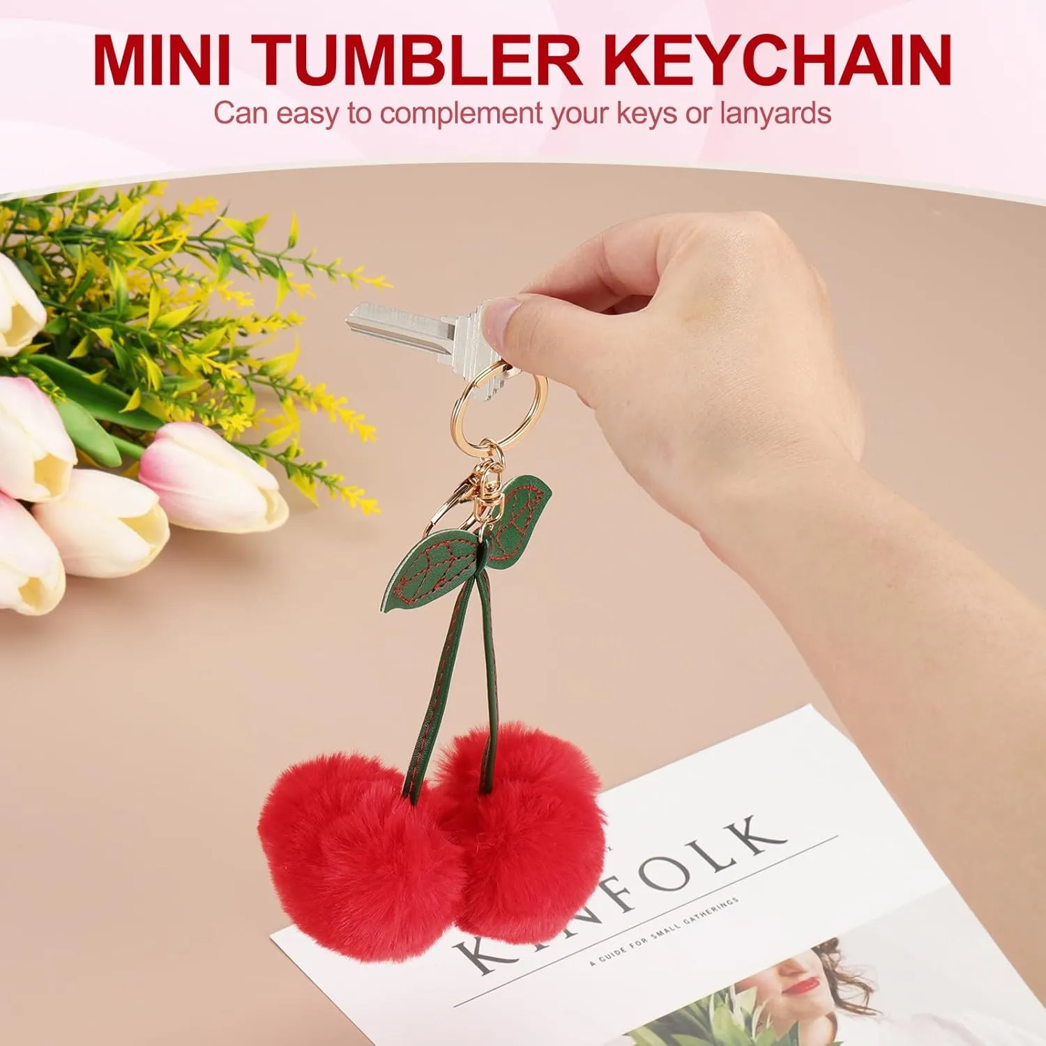 PATIKIL 2pcs Pom Pom Keychain, 7.7in Long Fluffy Keychain Cute Fur Ball Key Chains Cherry Bag Charm Fake for Girls Backpack