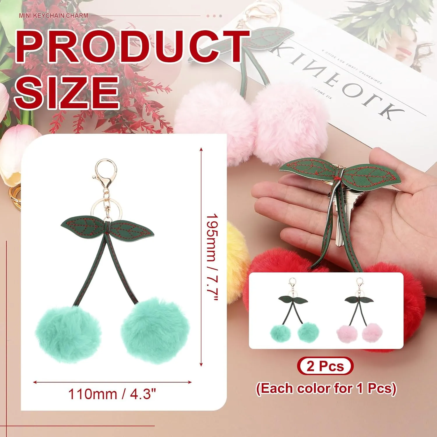 PATIKIL 2pcs Pom Pom Keychain, 7.7in Long Fluffy Keychain Cute Fur Ball Key Chains Cherry Bag Charm Fake for Girls Backpack