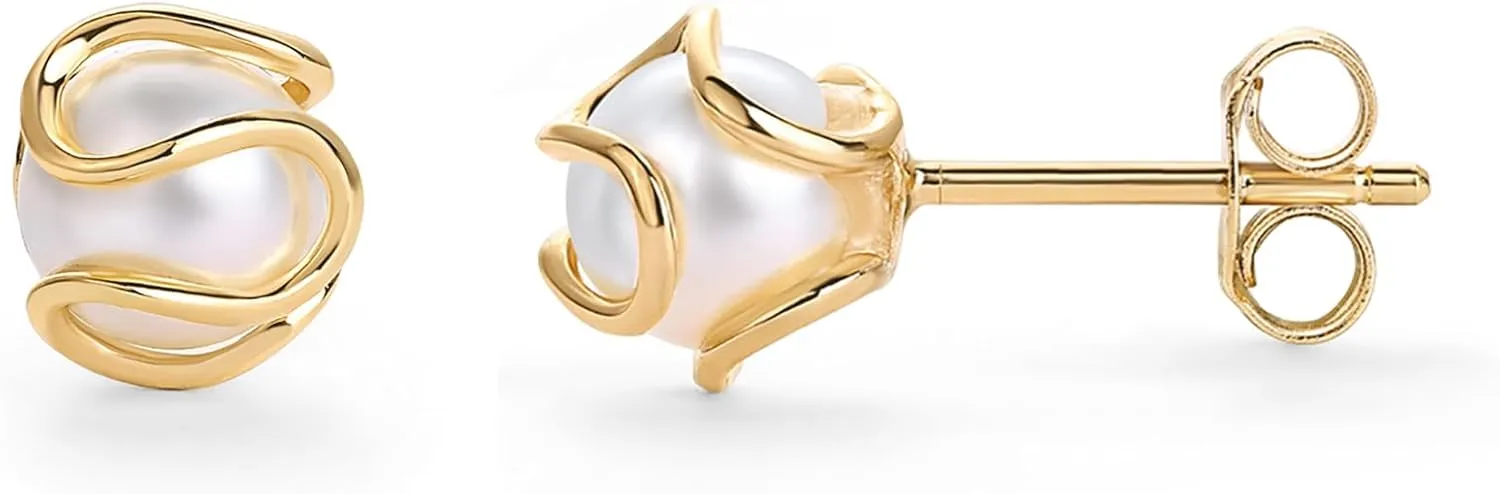 PAVOI 14K Gold Plated Round Caged Small Pearl Stud Earrings - Trendy Gold Pearl Earrings for Women - Hypoallergenic Classic Bride Jewelry