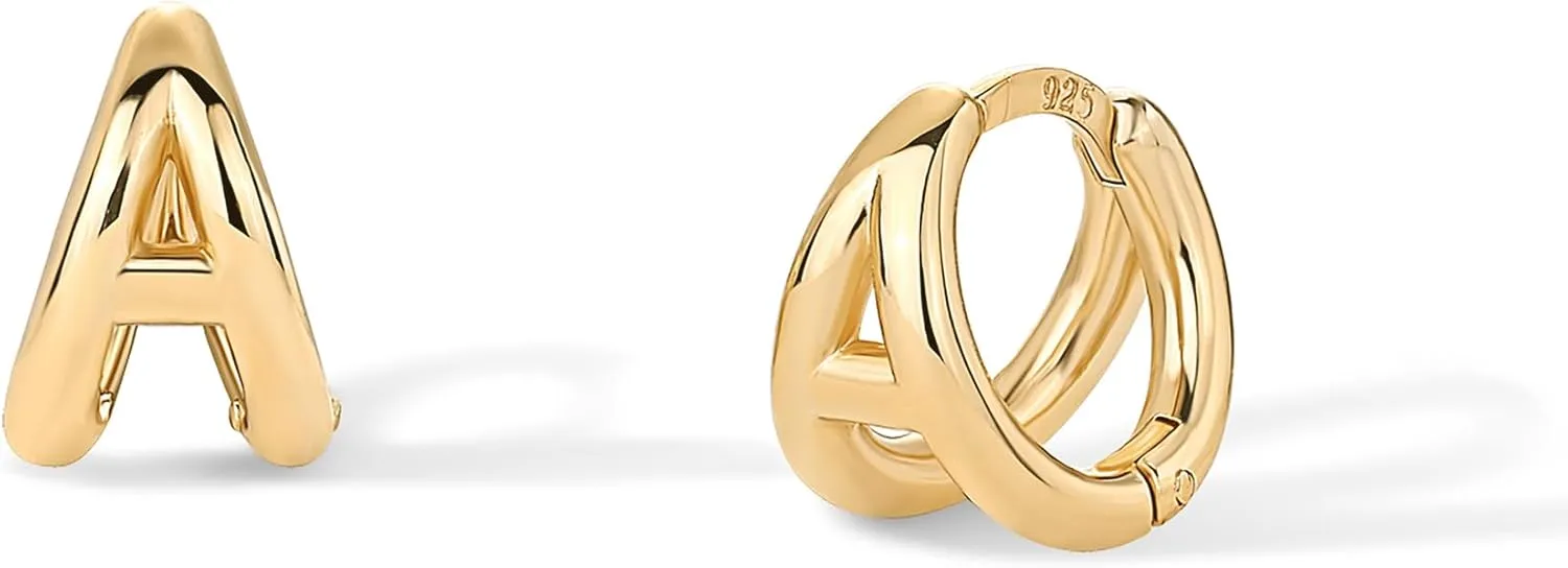 PAVOI 14K Gold Plated Sterling Silver Posts Dainty Initial Huggie Earrings for Women - Gold Huggie Hoop Small Initial Jewelry - Trendy Alphabet Letter Earrings