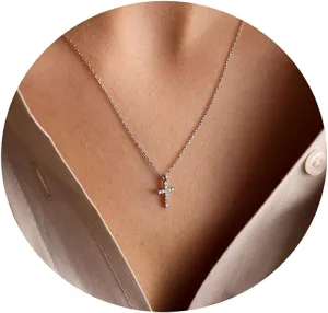 Pencros Simple Cross Necklace 18K Gold/Silver Filled Crucifix Faith Pendant Dainty Cross Choker Tiny Necklace for Women