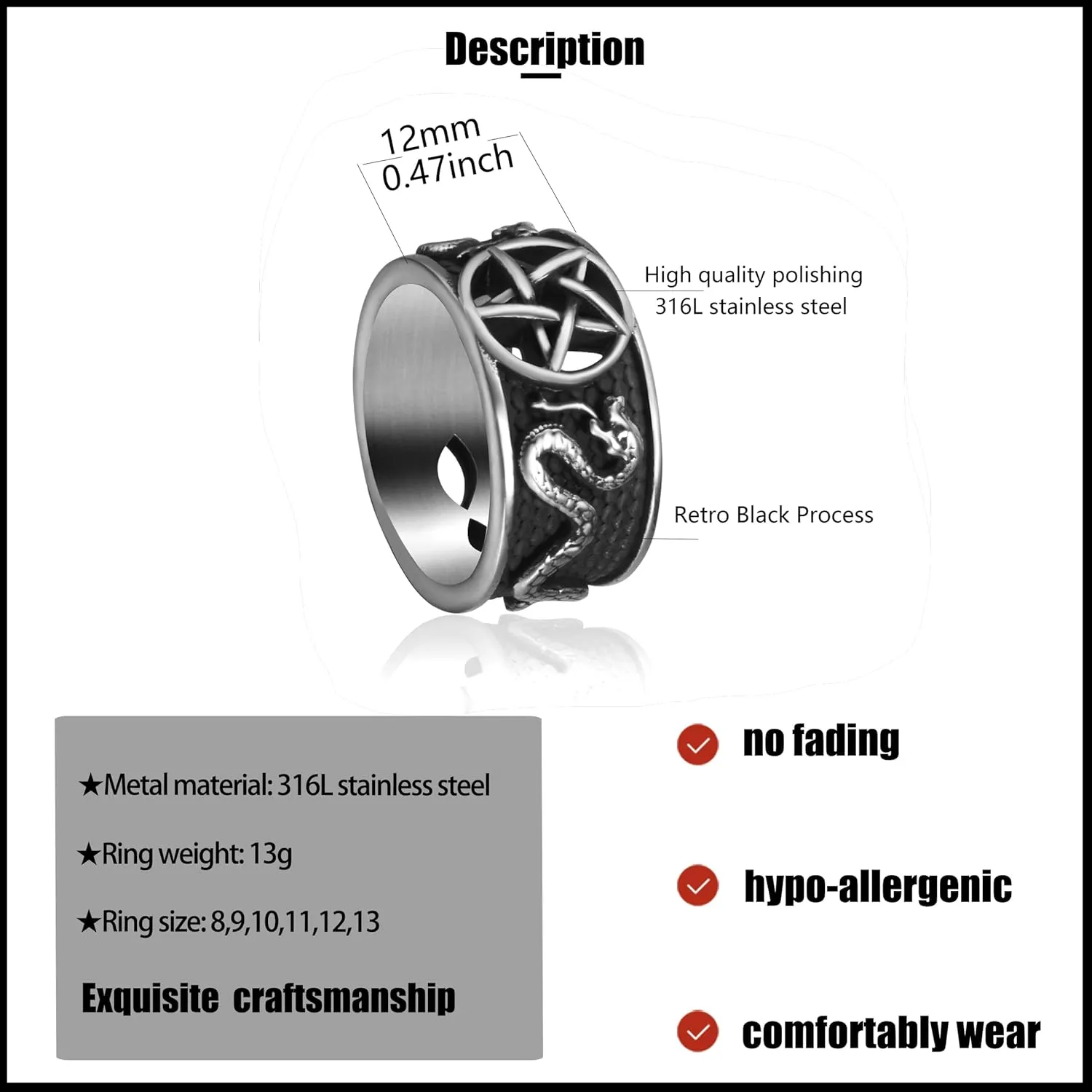 Pentagram Satanic Baphomet Goat Rings Sulfur Leviathan Cross Satan Demon Devil Symbol Men Stainless Steel Ring Size 7-15