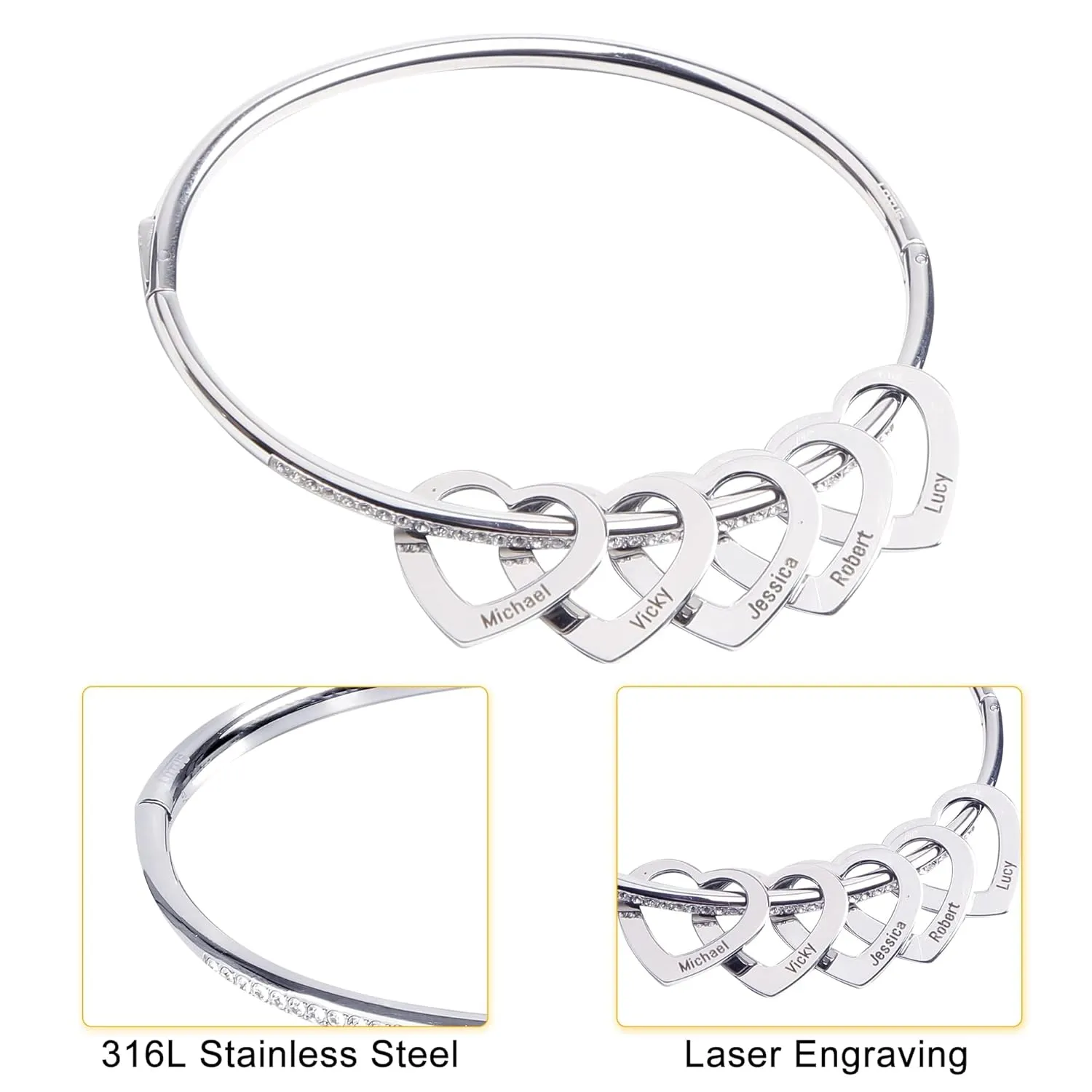 Personalized Bangle Bracelet, Customized 1-8 Heart Charms Bracelet Jewelry for Women Lady Girl Family