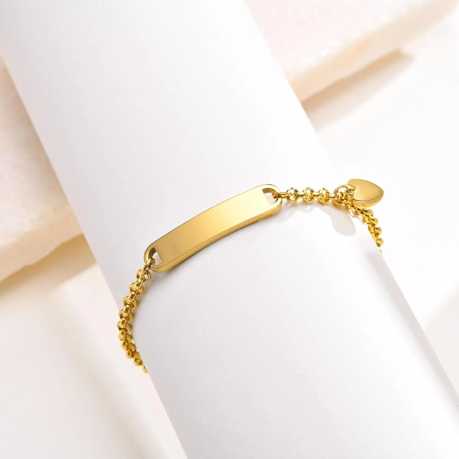 Personalized BFF Bracelets for 2-Customize Initial Nameplate Stainless Steel Bar ID Heart Charm Adjustable Rolo Chain Bracelet for Sisters,BFF Friendship Jewelry,Bridesmaid Gift