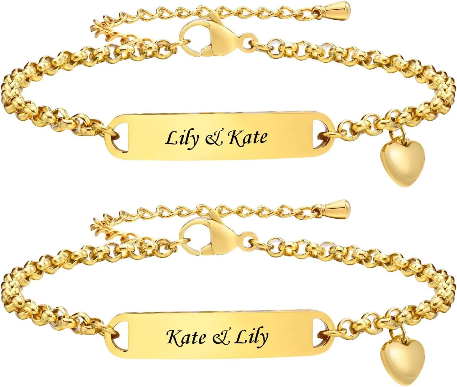 Personalized BFF Bracelets for 2-Customize Initial Nameplate Stainless Steel Bar ID Heart Charm Adjustable Rolo Chain Bracelet for Sisters,BFF Friendship Jewelry,Bridesmaid Gift